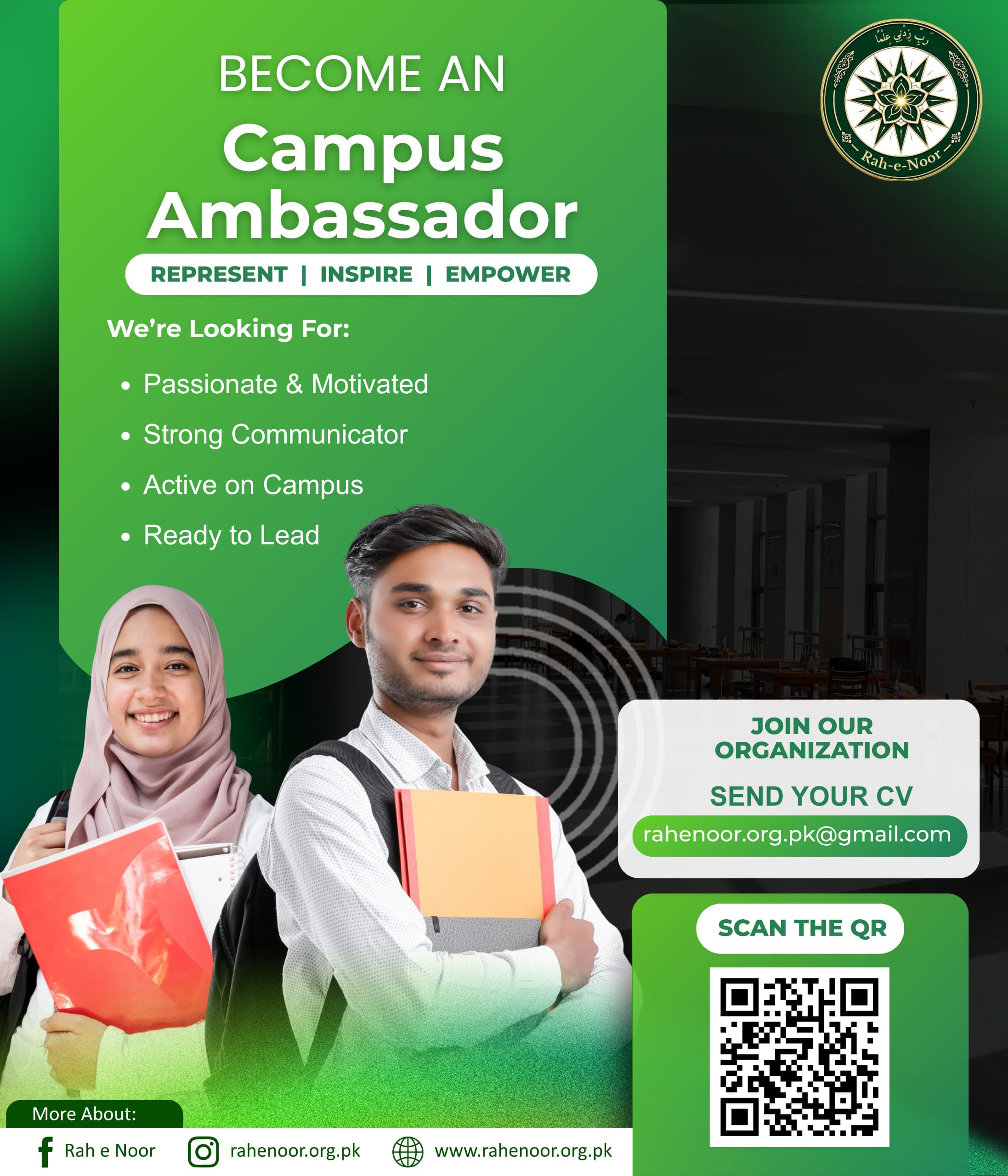 RAHENOOR campus ambassador recruitment poster: represent, inspire, empower